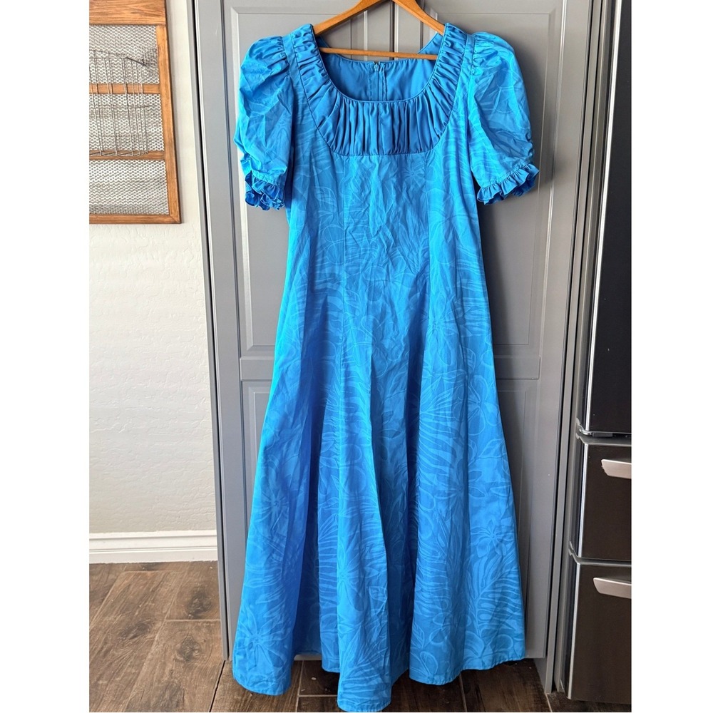 CC Fashions Hawaii 2728 Tropical Floral Puff Sleeve Muumuu Maxi Dress, Blue, 10